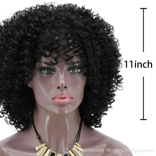 Vigorous Cheap Price Short Fluffy Kinky Curly Black With Bangs Machine Made Cosplay Party For Black Women Synthetic Hair Wigs